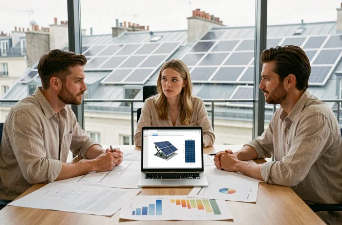 Réunion de professionnels analysant des plans de rénovation énergétique dans un bureau moderne à Paris avec panneaux solaires visibles en arrière-plan