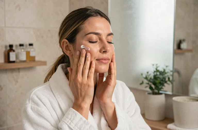 Femme appliquant une crème hydratante sur son visage dans une salle de bain minimaliste, routine beauté quotidienne