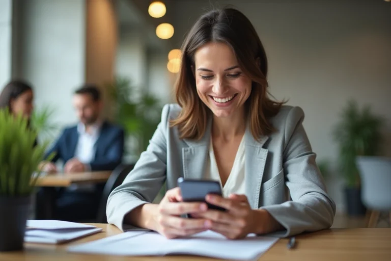 Salariée consultant l'application Al'in sur son smartphone dans un bureau moderne pour rechercher un logement