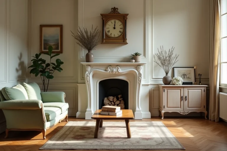 Salon français décoré avec élégance naturelle, canapé en lin, parquet en chevrons et cheminée en marbre dans un style art de vivre à la française