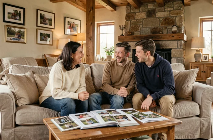 Scène familiale chaleureuse avec une femme et ses enfants adultes parcourant des albums photos dans un salon rustique et cosy
