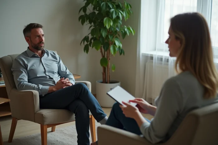 Un homme en séance avec un thérapeute dans un cabinet calme, cherchant un soutien professionnel après un burn-out