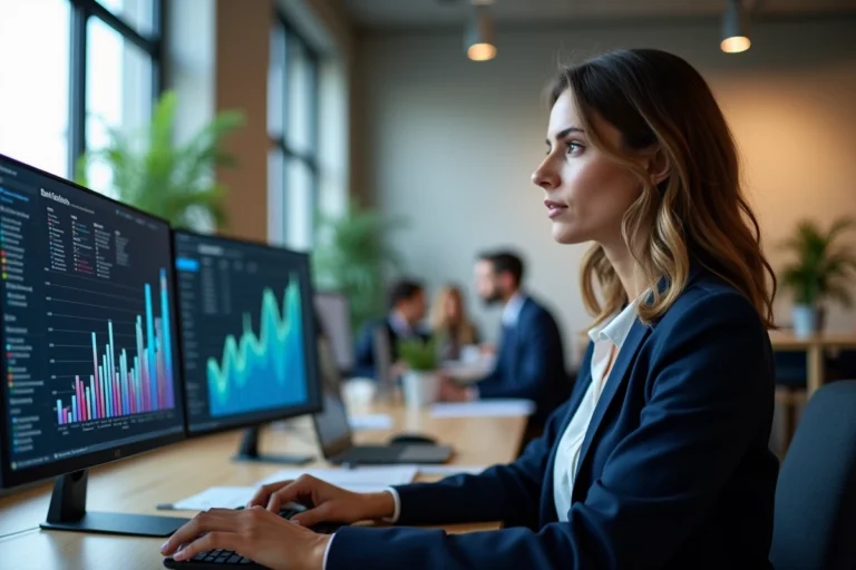 Femme analyste digitale travaillant sur des tableaux de bord de tendances marketing 2024 dans un bureau moderne