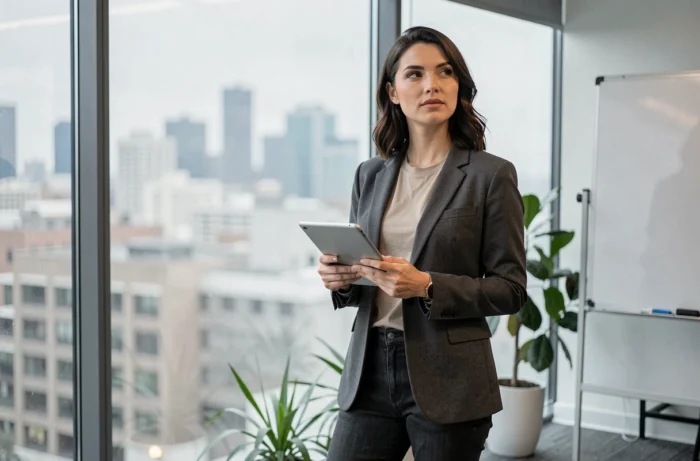 Femme streameuse et créatrice de contenu en posture confiante dans un espace de travail moderne urbain