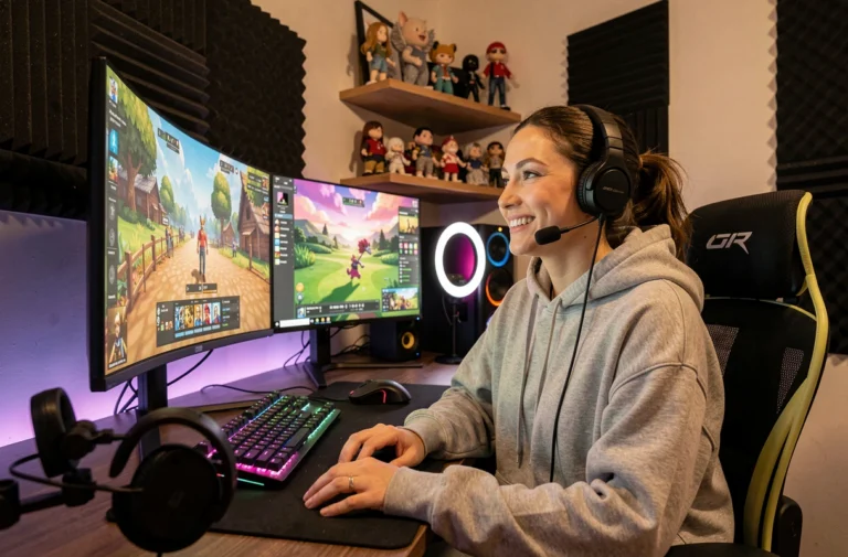 Streameuse Twitch en pleine session live à son bureau gaming avec setup professionnel et écrans colorés