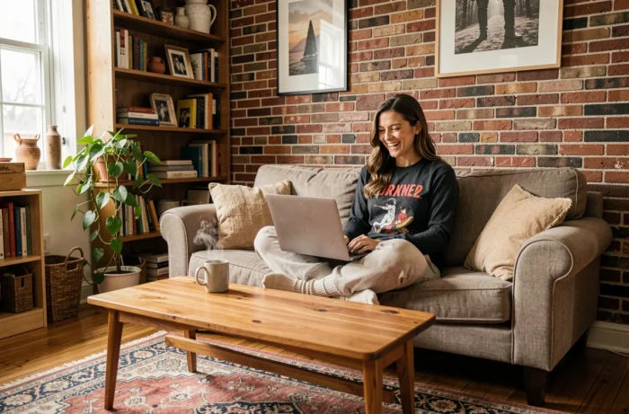 Streameuse Twitch détendue chez elle sur un canapé avec ordinateur portable dans un intérieur chaleureux