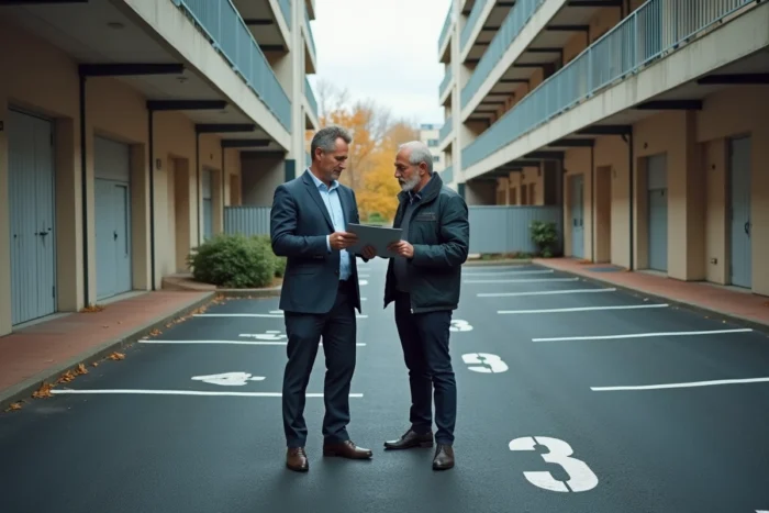 Syndic et copropriétaire examinant un document relatif au droit de jouissance d'une place de parking extérieure