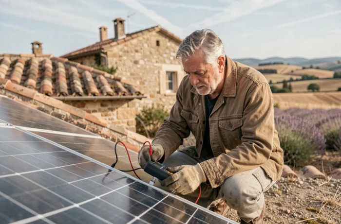 Technicien senior vérifiant l'installation de panneaux solaires sur une ferme en pierre en Provence, symbole de la transition vers les énergies renouvelables en France