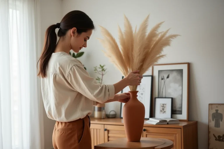 Femme arrangeant des herbes de la pampa dans un vase en terre cuite dans un salon au style scandinave épuré