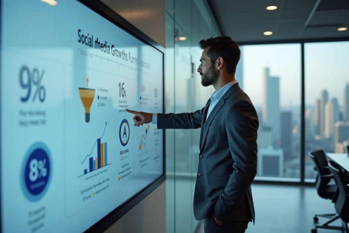 Consultant en stratégie digitale présentant les tendances numériques 2024 sur un écran interactif en salle de réunion