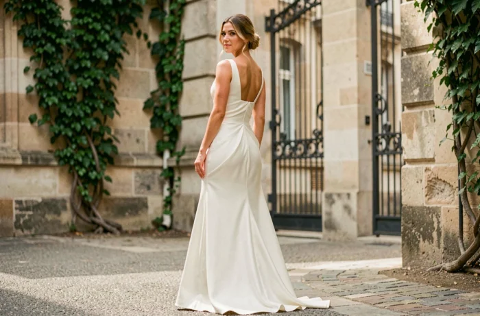 Mariée en robe de mariée minimaliste en soie dans une cour parisienne en pierre, tendances mariage 2024