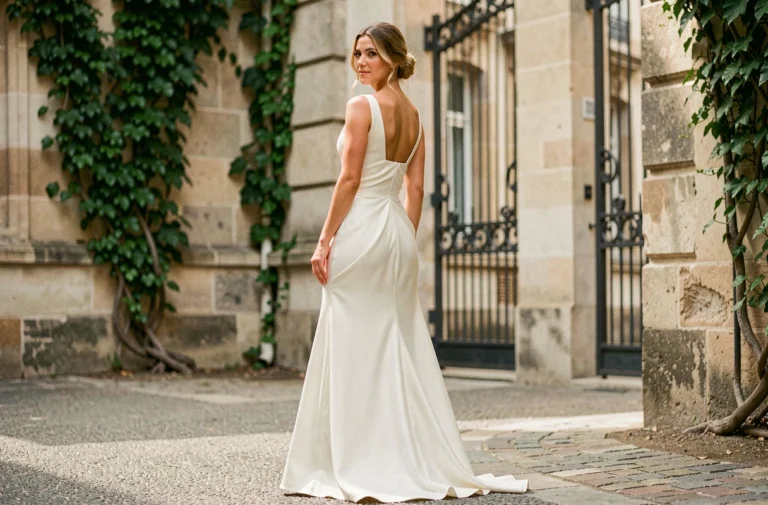 Mariée en robe de mariée minimaliste en soie dans une cour parisienne en pierre, tendances mariage 2024