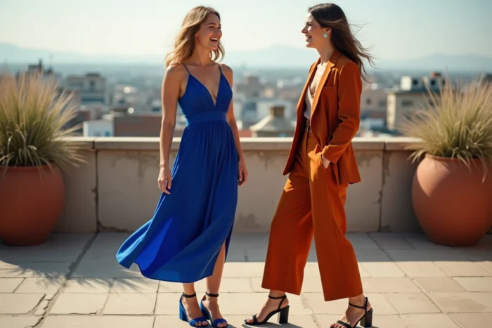 Deux femmes stylées portant des tenues tendance bleu cobalt et orange rouille sur une terrasse ensoleillée avec vue sur la ville, mode saisonnière