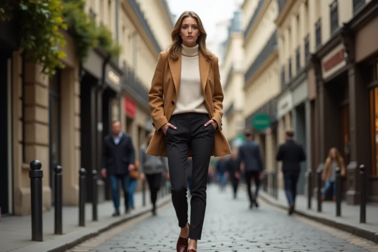 Femme élégante portant un blazer camel oversize et un col roulé crème dans une rue pavée parisienne en automne, style tendance saison