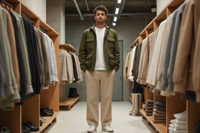 Homme tendance en veste utilitaire verte et chino large explorant un concept store minimaliste aux murs en béton, mode masculine saison