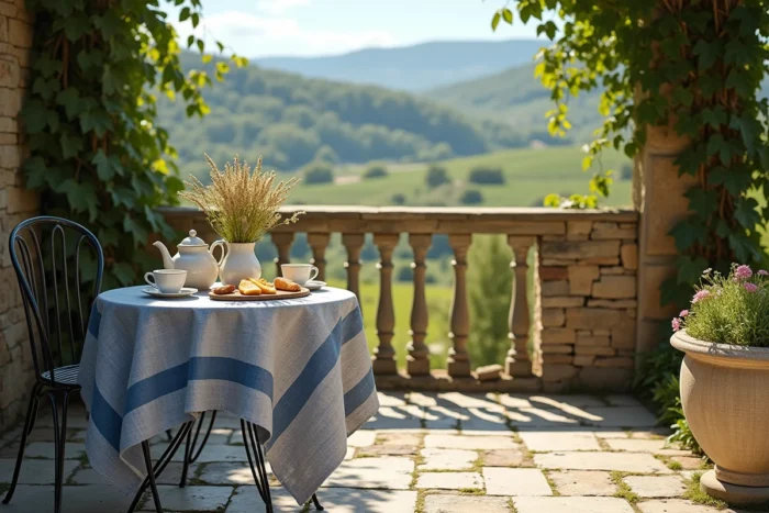 Terrasse de campagne française dressée pour un thé avec nappe en lin, fromages et baguette, illustrant l'art de vivre à la française en Provence