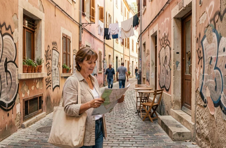 Touriste consultant une carte dans une ruelle pittoresque du quartier du Panier à Marseille, avec des façades colorées et des habitants locaux en arrière-plan