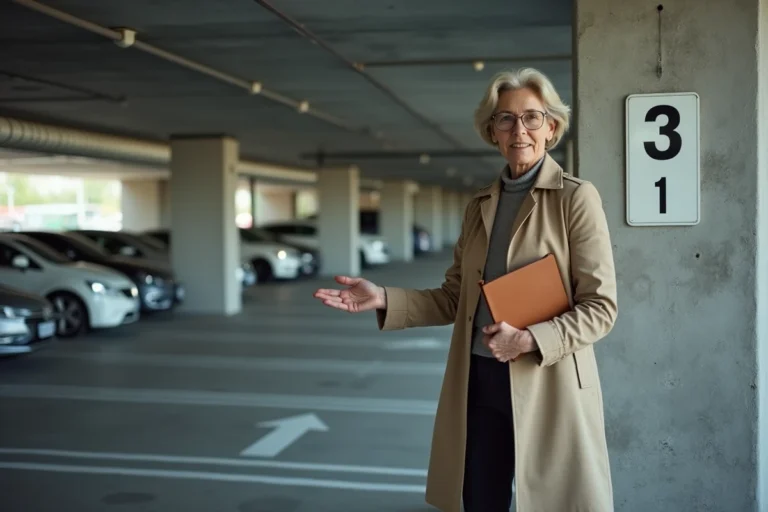 Femme copropriétaire vérifiant les marquages de sa place de parking en sous-sol de résidence