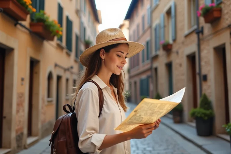 Voyageuse consultant une carte papier dans une ruelle pavée d'une ville historique européenne