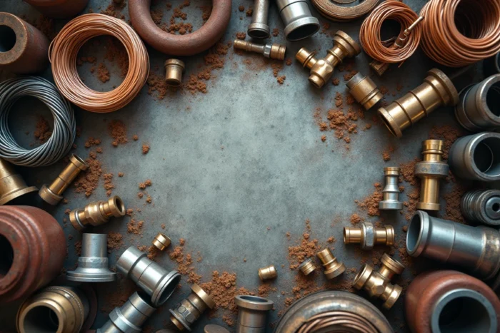 Vue aérienne de différents types de métaux de récupération — cuivre, aluminium, laiton et acier — prêts à être évalués pour la vente